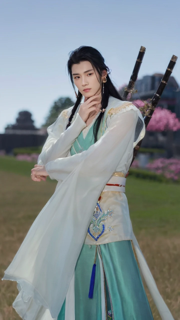 Excellent, masterpiece, super high resolution, detailed, realistic, muscular, handsome. Mandarin man, long black hair, clover earring.