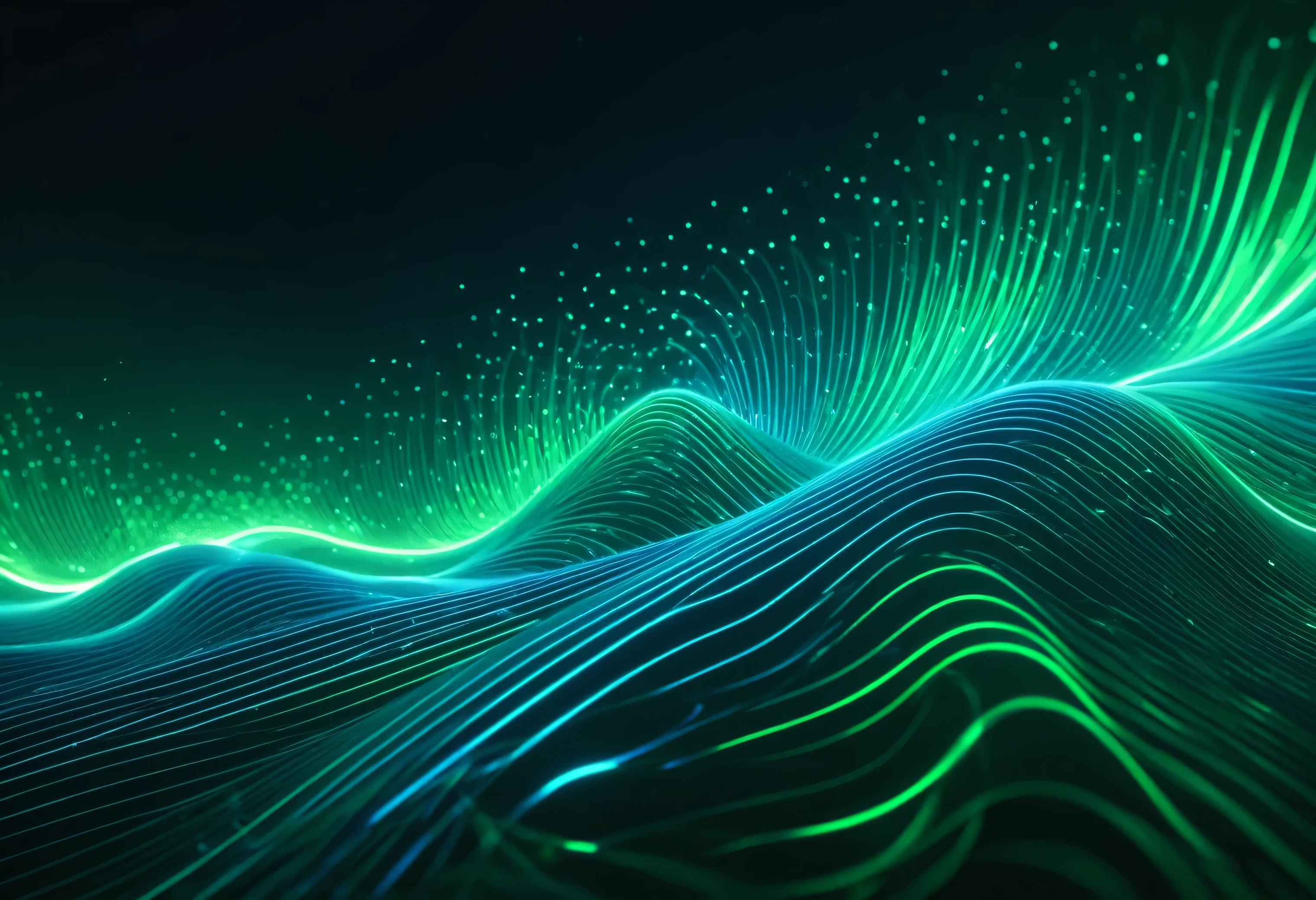 a blue and green abstract background with glow lines, digital art inspired by Mike Winkelmann, shutter stock, digital art, particle waves, waves and particles, colored light waves, Electric aura with particles, 4 ก. 8 g, 4K 8K, การรบกวนของfractal waves, futuristic background, Interact with flowing lines, abstract smoke neon, fractal waves, glow lines