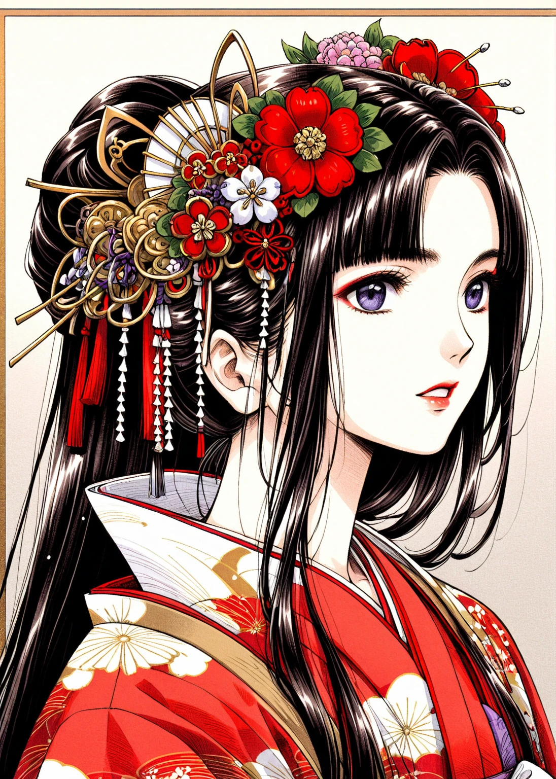 A 12-year-old princess wearing a red kimono and a flower crown, Traditional Japanese, traditional geisha clothing, Japanese women, Wearing Imperial Kimono, japanese geisha, geisha photo portrait, female geisha girl, elegant Japanese women, Japanese Kimono, In kimono, Traditional beauty, Wearing kimono and armor, portrait of geisha, wearing a haori, geisha