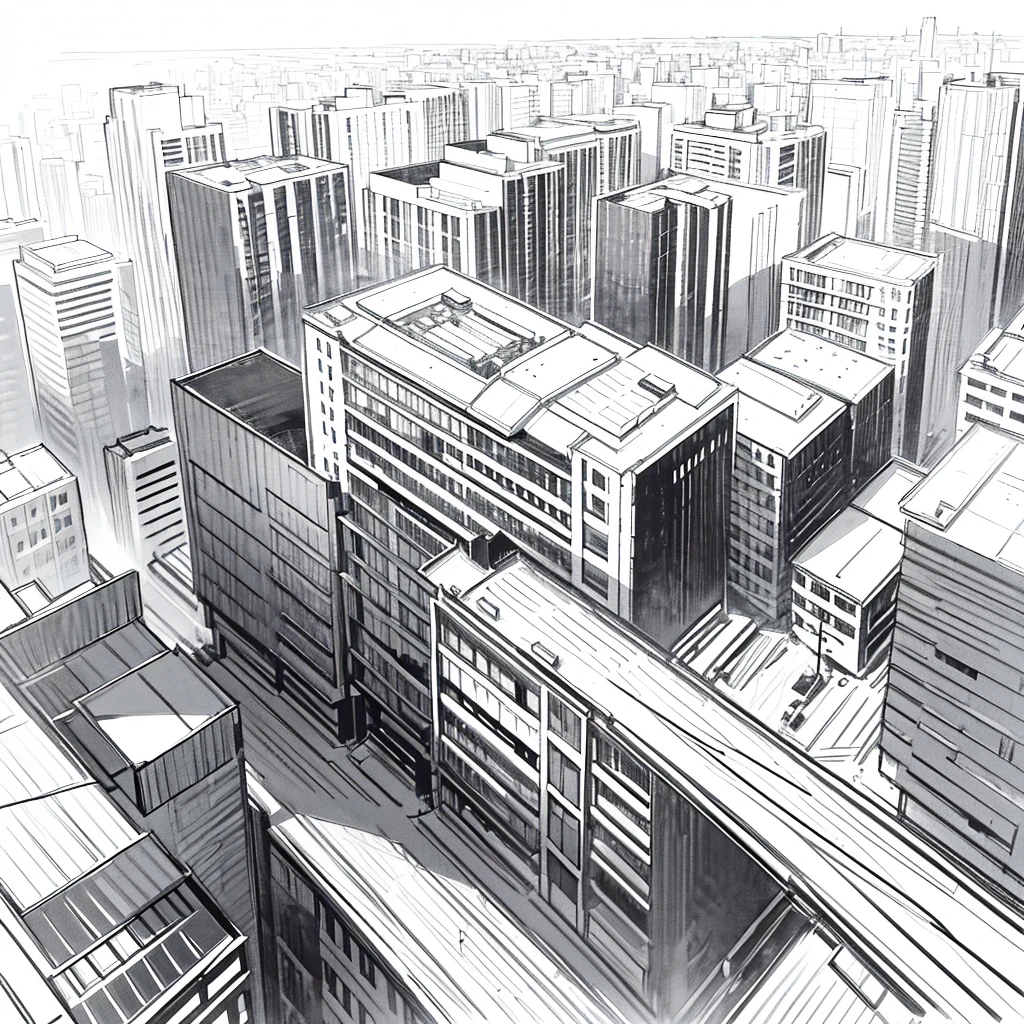 black and white line art of multiple city blocks with roads and wide sidewalks, short buildings, minimal detail, cartoon style, asymmetrical, birdseye view