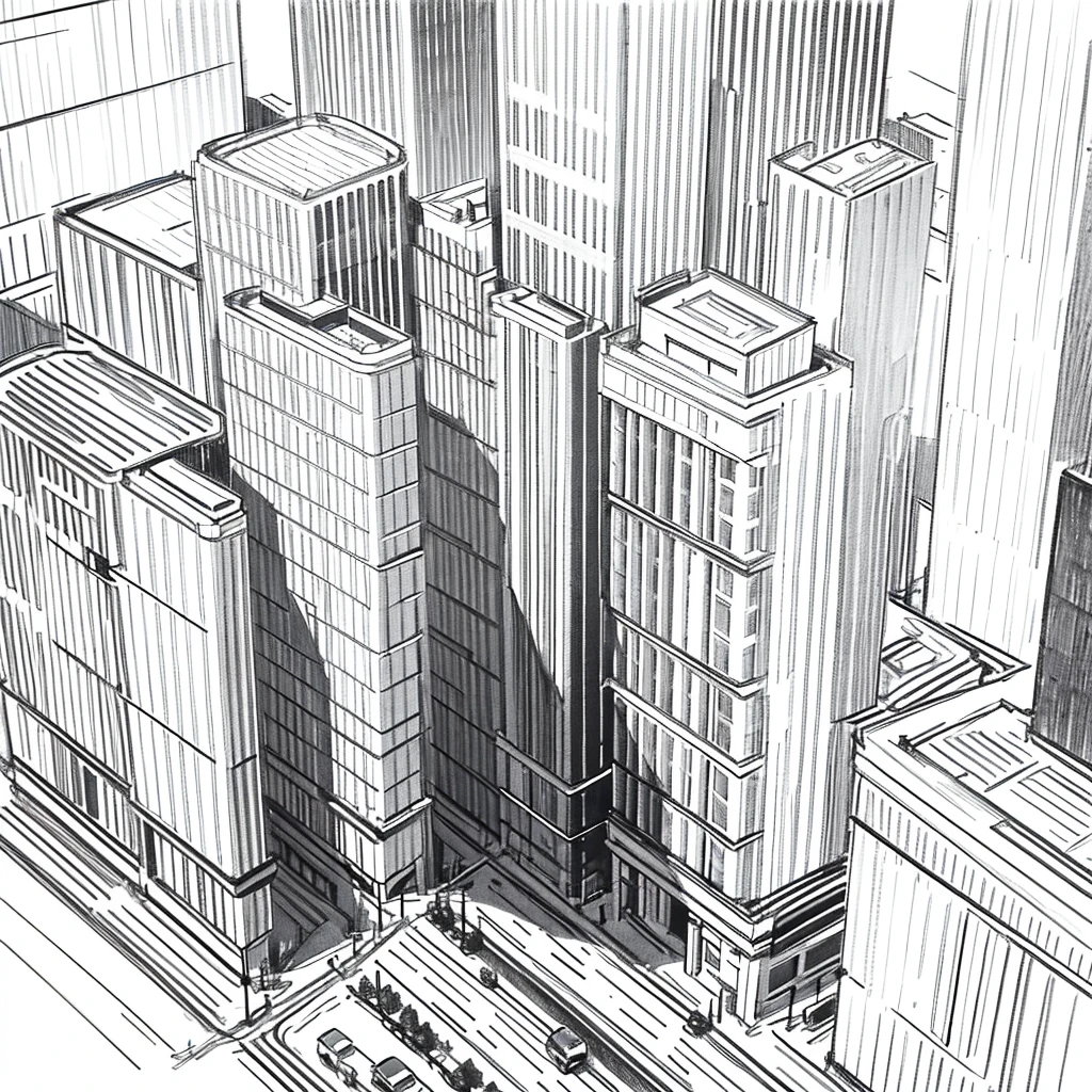 black and white line art of multiple city blocks with roads and wide sidewalks, short buildings, minimal detail, cartoon style, asymmetrical, birdseye view

