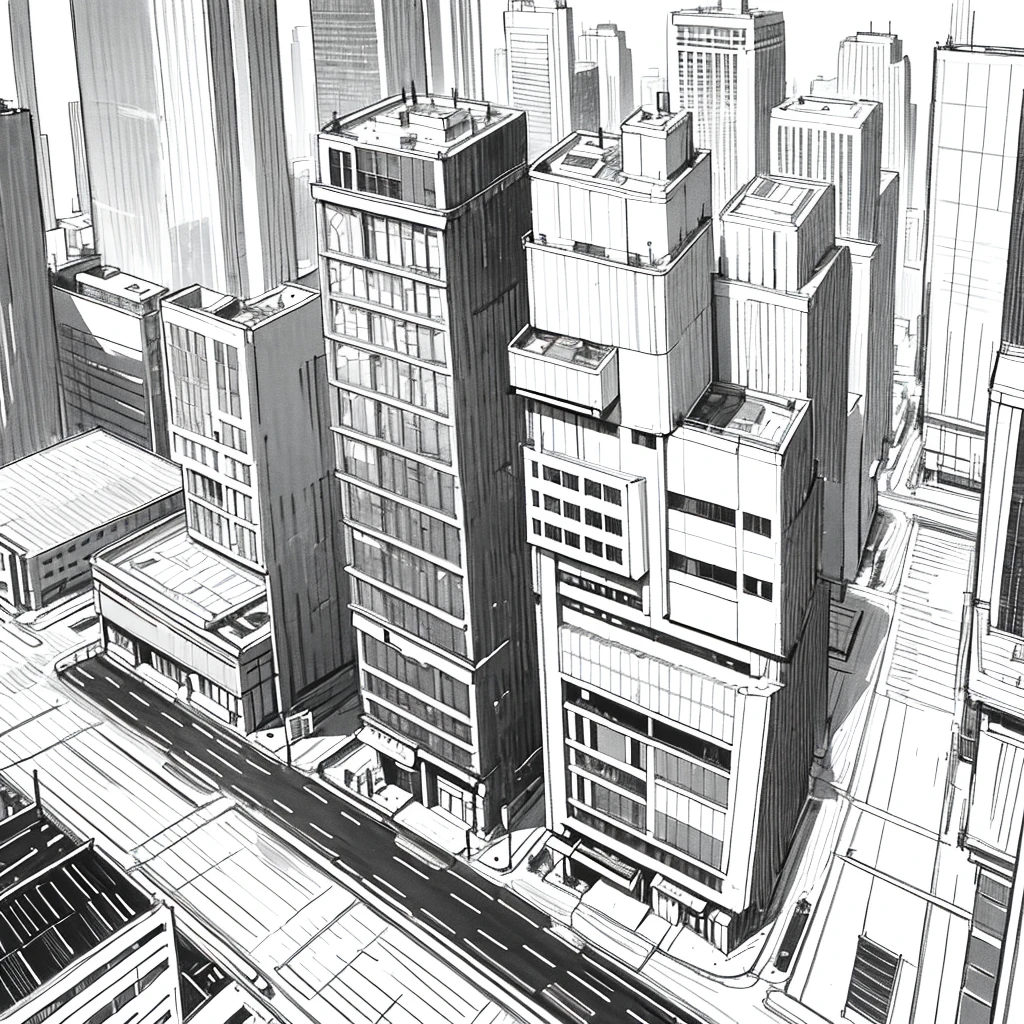 black and white line art of multiple city blocks with roads and wide sidewalks, short buildings, minimal detail, cartoon style, asymmetrical, birdseye view