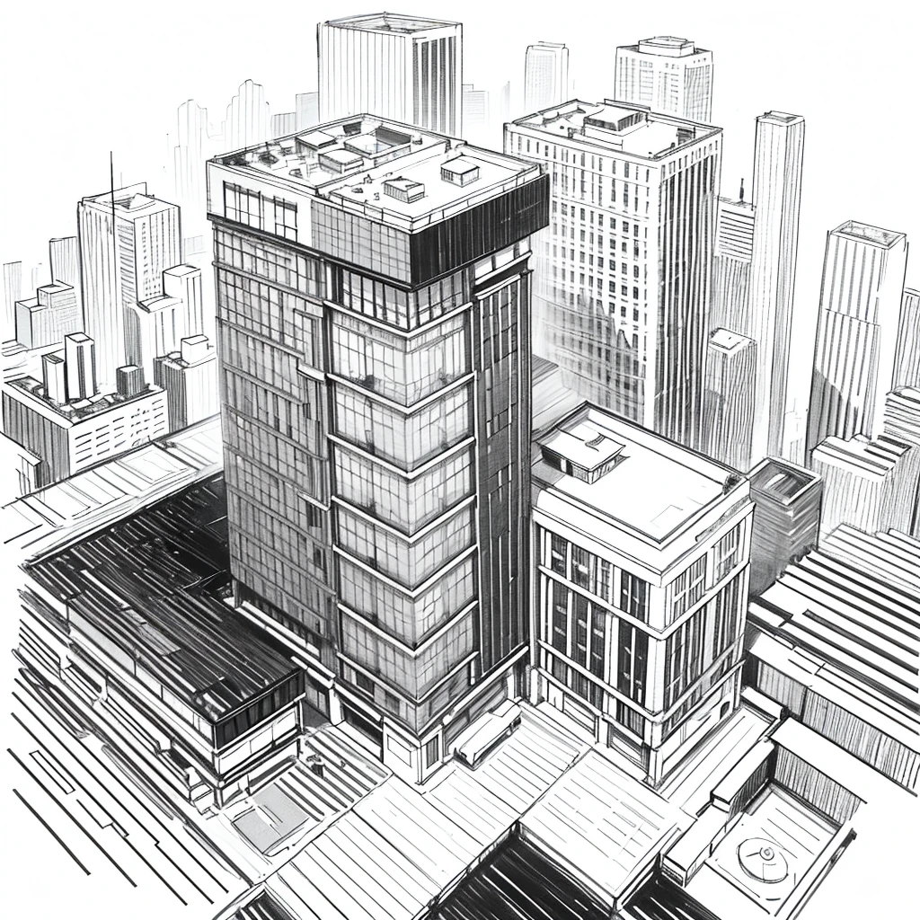 black and white line art of multiple city blocks with roads and wide sidewalks, short buildings, minimal detail, cartoon style, asymmetrical, birdseye view


