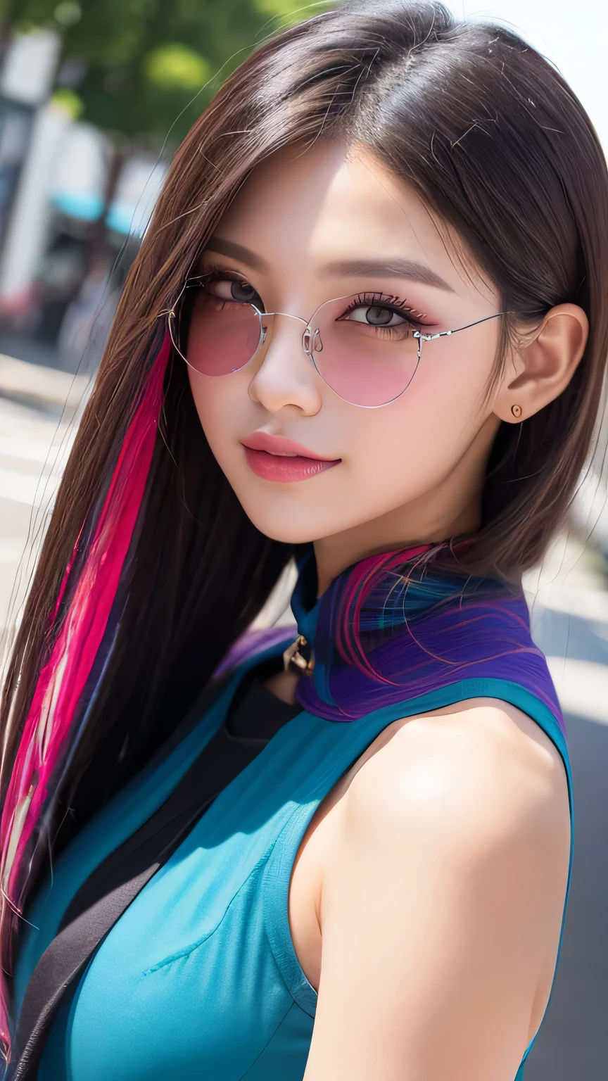 high quality, High resolution, masterpiece, completion, detailed.impressive, Cutting-edge female photography portraits, Showcasing a bold and daring street art style. Look forward、A kind smile、Soft impression, cyan, Purple and, Her vibrant makeup really catches the eye.. Her colorful hair is tied up high, Harmonious blue and pink shades. The background features a mesmerizing gradient of fluorescent chrome yellow, purple and, Blends seamlessly with the dynamic colors of your subject.  An unforgettable image
