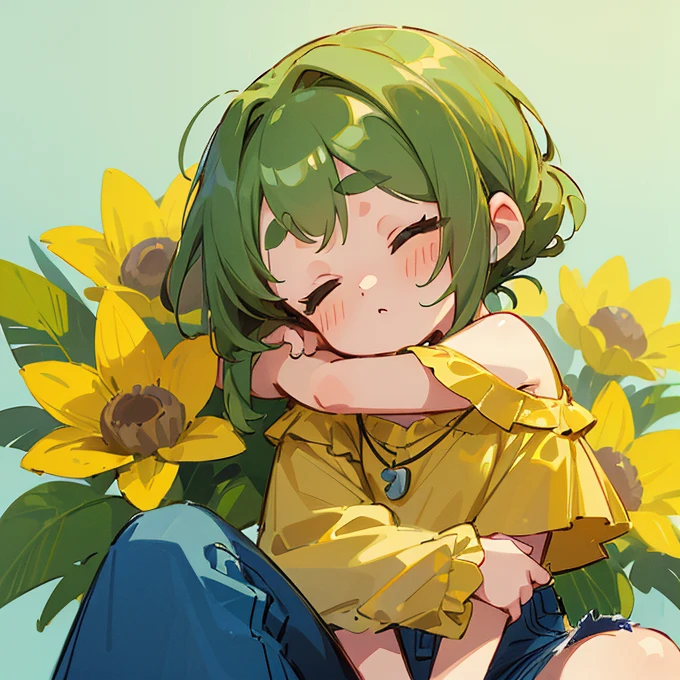 (masterpiece, Highest quality:1.2), (2 head body chibi character:1.1), Yellow-green hair, Chignon Hair, Top of the head, Closed eyes, Yellow off-shoulder blouse, Denim shorts, Short bangs, Thick eyebrows, Round necklace, A gentle atmosphere, Sleeping face, View your viewers, (Photo studio with blue background:1.0)