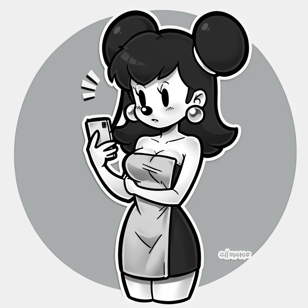 (score_9, score_8_up), Minnie Mouse, wrapped in towel, medium breasts, holding phone