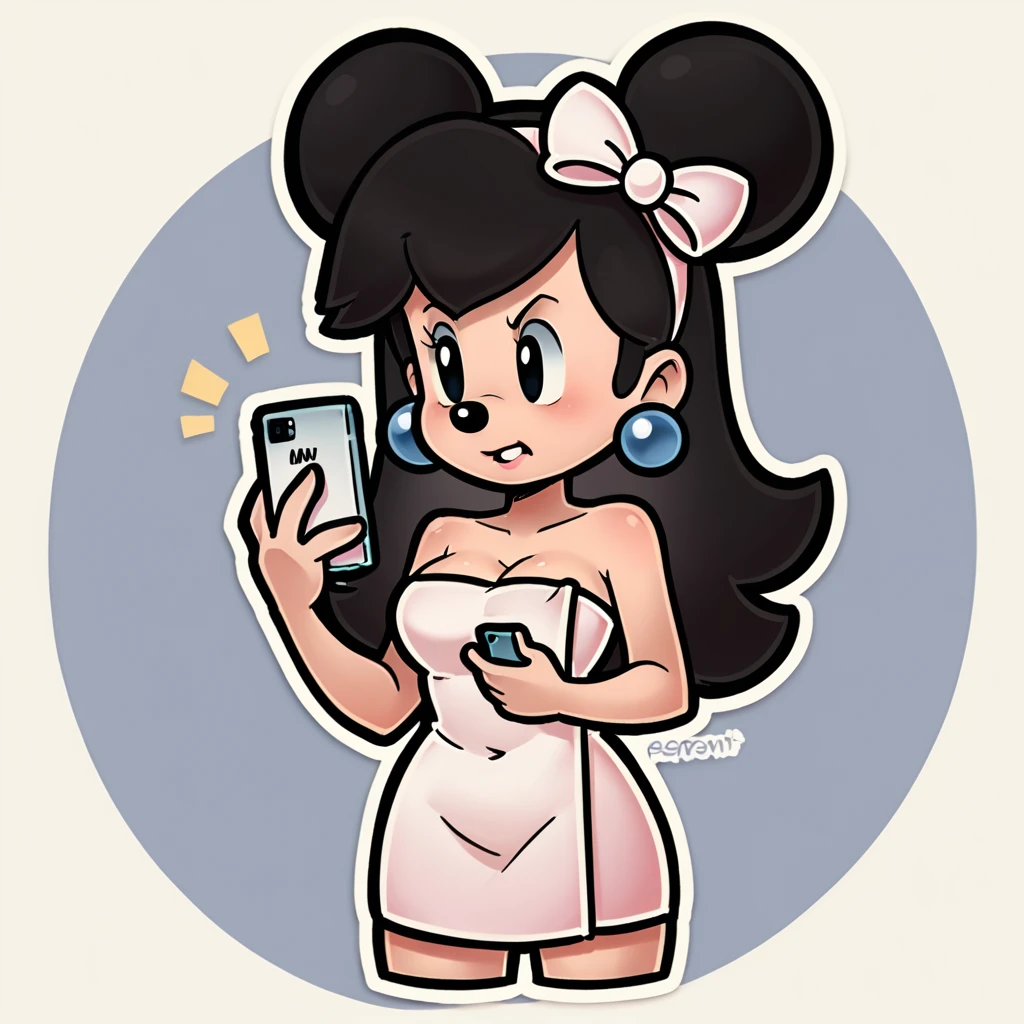 (score_9, score_8_up), Minnie Mouse, wrapped in towel, medium breasts, holding phone