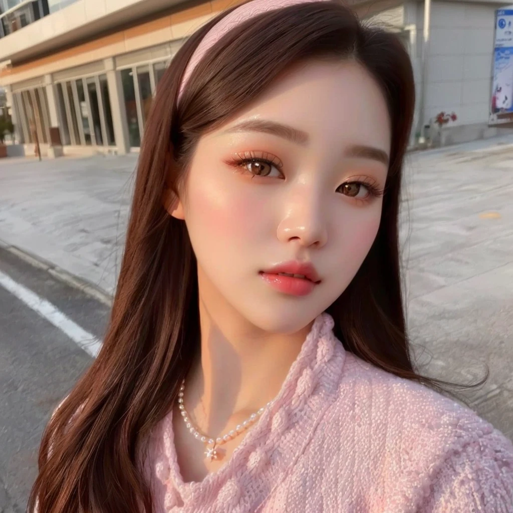 Close-up of a woman wearing a pink sweater and a pearl necklace, ulzzang, Beautiful young Korean woman, Beautiful young Korean woman, young and adorable korean face, korean girl, jinyoung shin, Popular Korean makeup, beautiful south korean woman, South Korean popular makeup, jaeyeon nam, heonhwa choe, kim doyoung, Lee Ji Eun