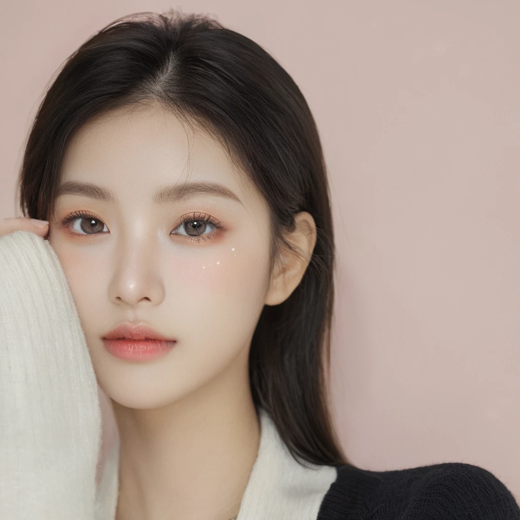 front photo, elegant woman, (Photorealsitic)、(intricate detailes:1.2)、(masterpiece、:1.3)、beauty face, (top-quality:1.4)、(超A high resolution:1.2)、超A high resolution、(A detailed eye)、(detailed facial features), ((Realistic lighting、top-quality、8K、natural light, masterpiece:1.3))、bright photo, Clear focus:1.2、1girl in、flawless beauty:1.4、Superfine Face、 woman kitty bandt and sweater, gorgeous young korean woman, beautiful young korean woman, beautiful south korean woman, korean girl, ulzzang, lovely delicate face, young adorable korean face, popular korean makeup, beautiful asian girl, girl cute-fine-face, korean woman, sakimichan, popular south korean makeup, big Narrow-eyed、double eyelid、photos realistic, perfect eyes, perfect skin, detailed skin, detailed face, looking viewer, front view, potrait, raw photo, simple soft pink background, (intricate detailed skin textured:1.4) front view, looking viewer, clear face, 1 girl、porate、Bright and very beautiful face、beautiful girl, A stunning close-up portrait showcasing the beauty of a Korean model. The composition features soft, natural lighting , bright eyes, and striking cheekbones. Her glossy, The background is simply black background, wear black sweetshirt, neat hair, long hair, instagram model, profil picture, bright and natural