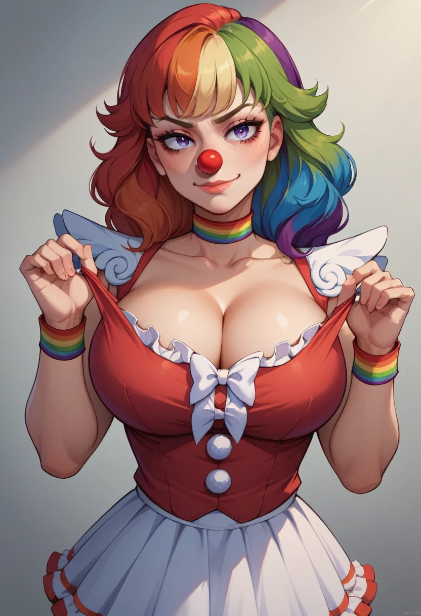score_9, score_8_up, score_7_up, score_6_up, BREAK source_anime,seductive smirk,edgClussy,red clown nose, a woman dressed in a costume with a clown face ,wearing edgClussy, cleavage, narrow eyes, NSFW, big breasts, pulling at clothes, rainbow hair