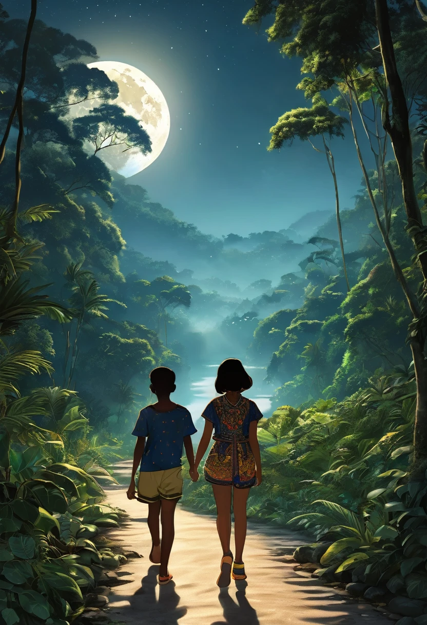 A serene night-time scene in the heart of a lush jungle beside a gently flowing river. A full moon casts a soft silver glow over the landscape, illuminating a well-trodden path that weaves through the dense foliage. On this path, a young brother and sister walk side by side, their figures standing out in the moonlit night. The brother is casually dressed in a short-sleeved shirt and matching shorts, with socks that hint at a touch of practicality amidst the tropical ambiance. His attire allows for ease of movement as they navigate the jungle trail. In contrast, the sister dons a vibrant ethnic mini dress and crop top, complemented by a mini skirt that sways with every step she takes. Her outfit is a stunning array of patterns and colors, celebrating the cultural richness of the region they explore. The siblings' clothing choices seem to represent the harmonious blend of the familiar and the exotic, mirroring the natural surroundings. The silhouette of a majestic mountain range looms in the distance, its peaks kissed by the moon's light, providing a dramatic backdrop to their tranquil stroll. The river beside them reflects the moon's radiance, adding a shimmering ribbon of light to the darkened jungle floor. The air is thick with the sweet scent of blooming flowers and the distant calls of nocturnal wildlife, which only adds to the enchanting atmosphere. Their shadows dance and stretch along the path, creating an intimate connection between the siblings and the mysterious world around them. This realistic depiction of a moonlit jungle walk captures not only the physical beauty of their surroundings but also the bond shared between the brother and sister as they embark on their adventure under the watchful gaze of the full moon.