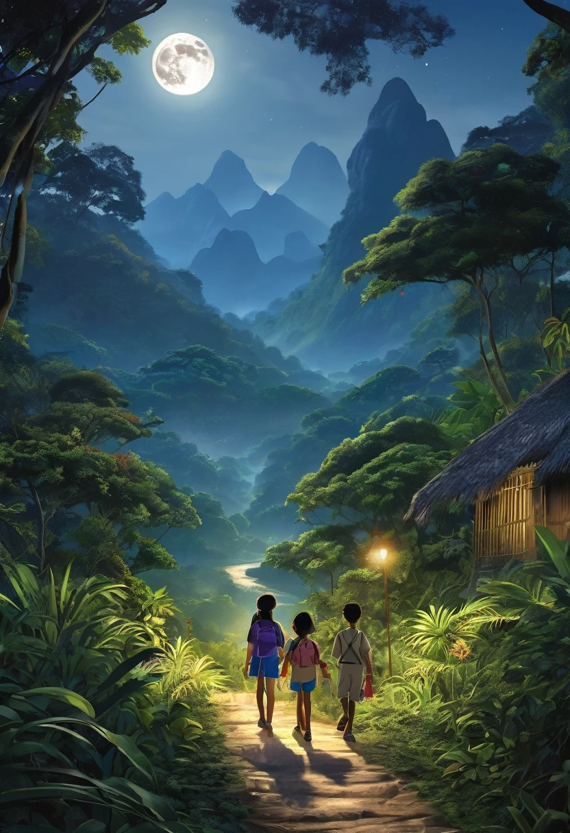 A serene night-time scene in the heart of a lush jungle beside a gently flowing river. A full moon casts a soft silver glow over the landscape, illuminating a well-trodden path that weaves through the dense foliage. On this path, a young brother and sister walk side by side, their figures standing out in the moonlit night. The brother is casually dressed in a short-sleeved shirt and matching shorts, with socks that hint at a touch of practicality amidst the tropical ambiance. His attire allows for ease of movement as they navigate the jungle trail. In contrast, the sister dons a vibrant ethnic mini dress and crop top, complemented by a mini skirt that sways with every step she takes. Her outfit is a stunning array of patterns and colors, celebrating the cultural richness of the region they explore. The siblings' clothing choices seem to represent the harmonious blend of the familiar and the exotic, mirroring the natural surroundings. The silhouette of a majestic mountain range looms in the distance, its peaks kissed by the moon's light, providing a dramatic backdrop to their tranquil stroll. The river beside them reflects the moon's radiance, adding a shimmering ribbon of light to the darkened jungle floor. The air is thick with the sweet scent of blooming flowers and the distant calls of nocturnal wildlife, which only adds to the enchanting atmosphere. Their shadows dance and stretch along the path, creating an intimate connection between the siblings and the mysterious world around them. This realistic depiction of a moonlit jungle walk captures not only the physical beauty of their surroundings but also the bond shared between the brother and sister as they embark on their adventure under the watchful gaze of the full moon.
