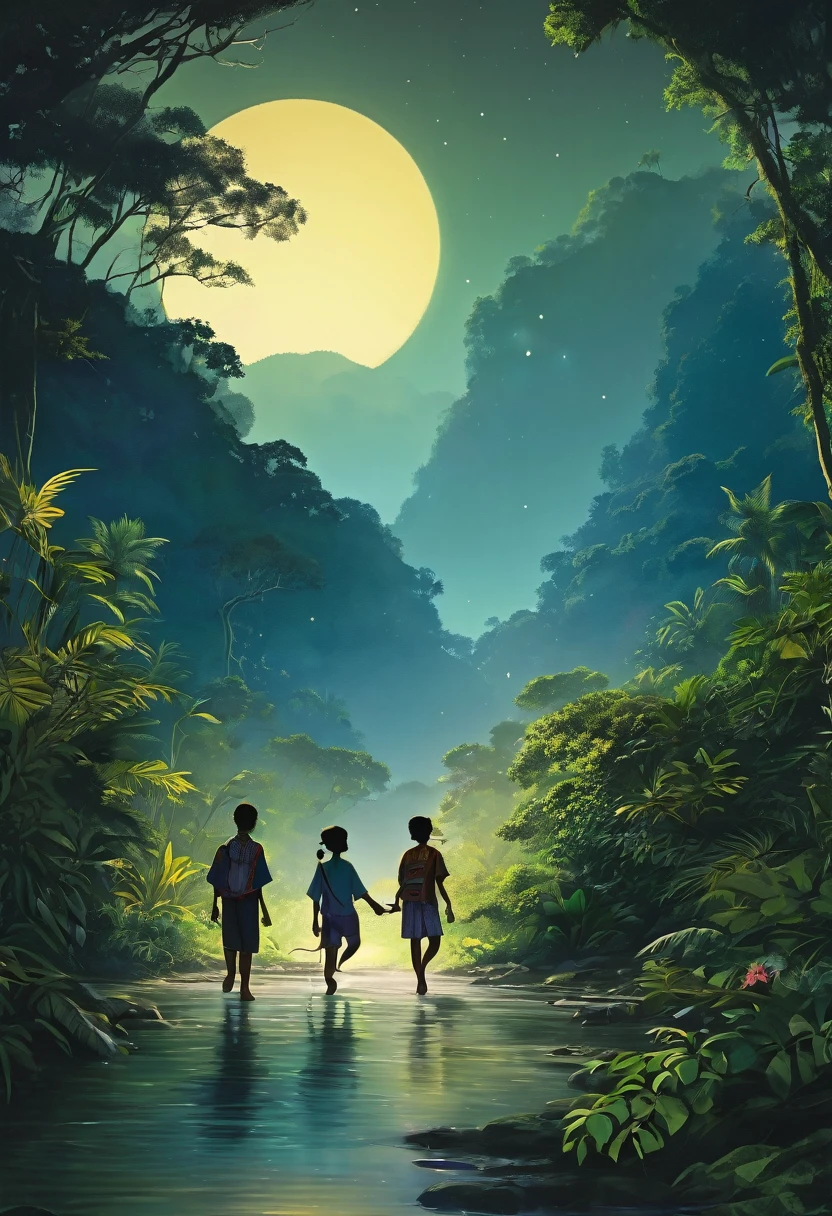 A serene night-time scene in the heart of a lush jungle beside a gently flowing river. A full moon casts a soft silver glow over the landscape, illuminating a well-trodden path that weaves through the dense foliage. On this path, a young brother and sister walk side by side, their figures standing out in the moonlit night. The brother is casually dressed in a short-sleeved shirt and matching shorts, with socks that hint at a touch of practicality amidst the tropical ambiance. His attire allows for ease of movement as they navigate the jungle trail. In contrast, the sister dons a vibrant ethnic mini dress and crop top, complemented by a mini skirt that sways with every step she takes. Her outfit is a stunning array of patterns and colors, celebrating the cultural richness of the region they explore. The siblings' clothing choices seem to represent the harmonious blend of the familiar and the exotic, mirroring the natural surroundings. The silhouette of a majestic mountain range looms in the distance, its peaks kissed by the moon's light, providing a dramatic backdrop to their tranquil stroll. The river beside them reflects the moon's radiance, adding a shimmering ribbon of light to the darkened jungle floor. The air is thick with the sweet scent of blooming flowers and the distant calls of nocturnal wildlife, which only adds to the enchanting atmosphere. Their shadows dance and stretch along the path, creating an intimate connection between the siblings and the mysterious world around them. This realistic depiction of a moonlit jungle walk captures not only the physical beauty of their surroundings but also the bond shared between the brother and sister as they embark on their adventure under the watchful gaze of the full moon.