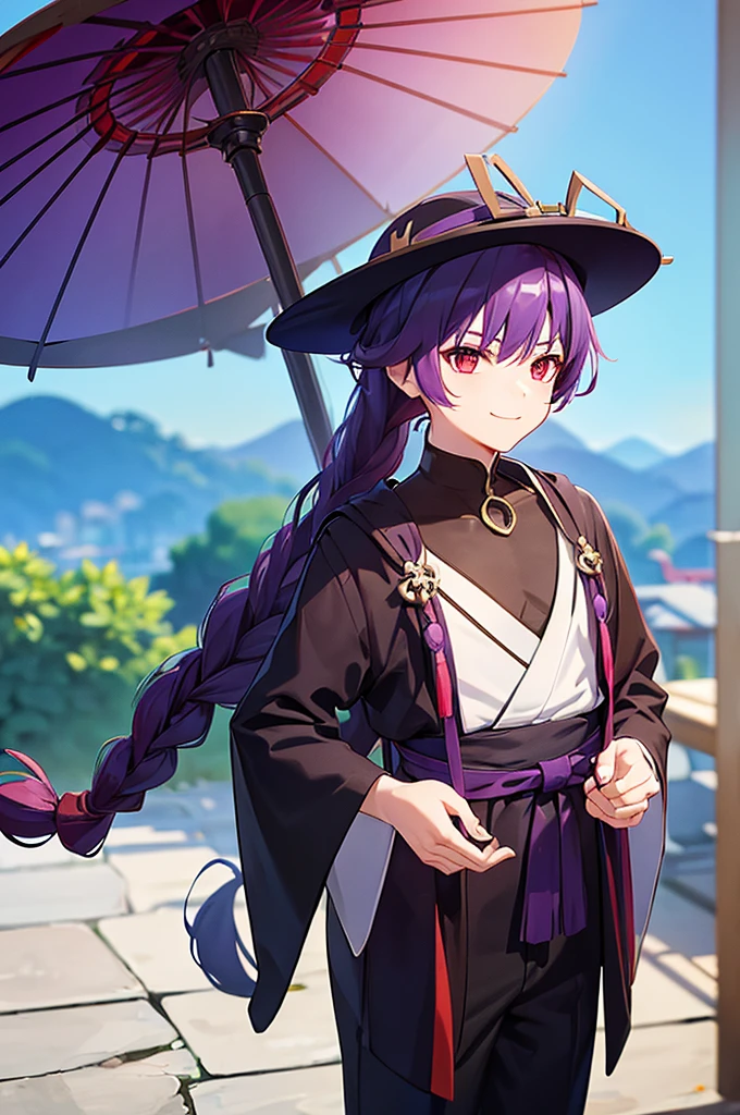 (((Purple Hair、Dye the inside of your hair red、Long Hair、Knot、Braid、Bright red eyes)))A man wearing a black robe、Smiling young man、Man standing facing forward、（（（Closed）Japanese Umbrella、赤いJapanese Umbrella）Boy standing with a）（傘はClosed）、（White background）、{{masterpiece}}, The best quality of life
