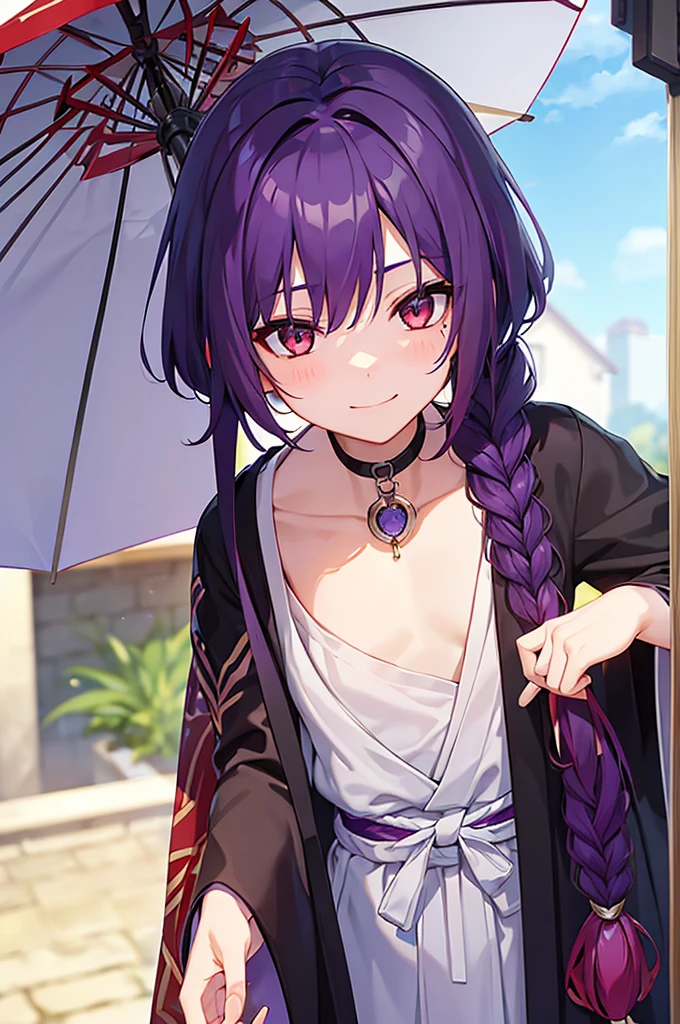 (((Purple Hair、Dye the inside of your hair red、Long Hair、Knot、Braid、Bright red eyes)))A man wearing a black robe、Smiling young man、Man standing facing forward、(((Closed)Japanese Umbrella、赤いJapanese Umbrella)Boy standing with a)(傘はClosed)、(White background)、{{masterpiece}}, The best quality of life
