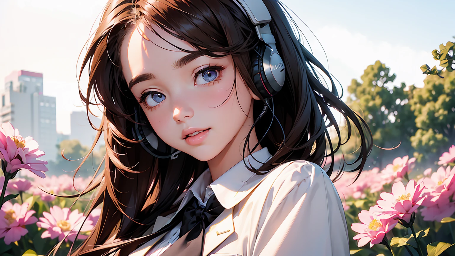 masterpiece、high resolution 8k、NSFW、sharp focus、contrast lighting、fine skin、muste piece、 highest quality、Ultra - High resolution、Super high resolution、Highly detailed CG、A young girl , wearing headphones, is standing among a field of pink flowers. The headphones have a black band and red accents. The girl's hair is swept back by the wind, and she is looking off to the side, away from the camera、beautiful eyes、(Detailed face and iace:1 2)、narrow eyes、almond eye、Black pupil、eye gradation eye highlight:1.2)、(light reddish brown hair、middle、asymmetrical bangs)、(ID card、Blazer for office wear shortage、white cutter shirt、black pencil skirt、pumps)、(plump lips、gross、glossy lips、small breast size) 、(oval face : 1.4)、(thin fingers、fine arms、detailed human hand)、laughter half open、teeth visible