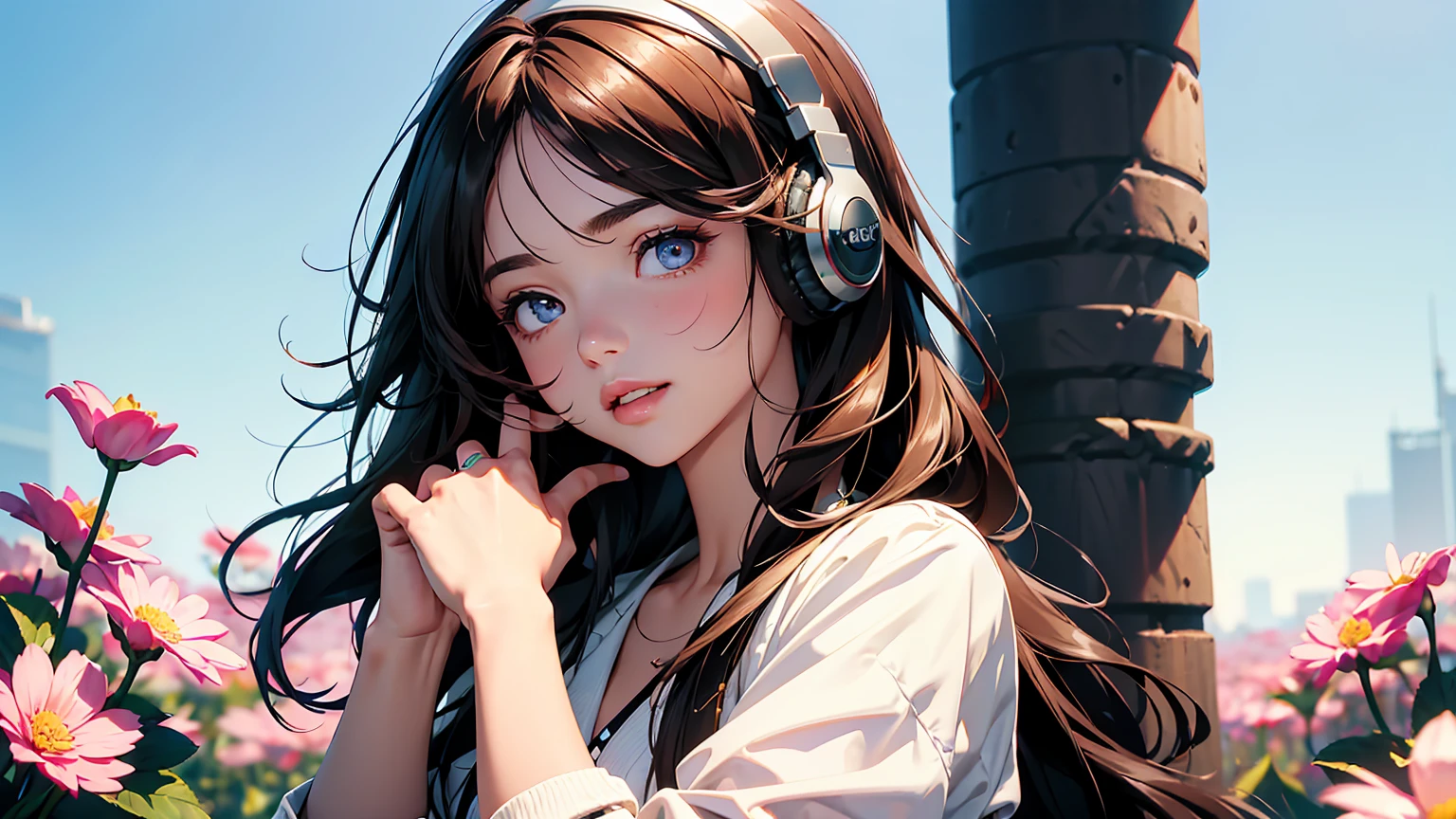 masterpiece、high resolution 8k、NSFW、sharp focus、contrast lighting、fine skin、muste piece、 highest quality、Ultra - High resolution、Super high resolution、Highly detailed CG、A young girl , wearing headphones, is standing among a field of pink flowers. The headphones have a black band and red accents. The girl's hair is swept back by the wind, and she is looking off to the side, away from the camera、beautiful eyes、(Detailed face and iace:1 2)、narrow eyes、almond eye、Black pupil、eye gradation eye highlight:1.2)、(light reddish brown hair、middle、asymmetrical bangs)、(ID card、Blazer for office wear shortage、white cutter shirt、black pencil skirt、pumps)、(plump lips、gross、glossy lips、small breast size) 、(oval face : 1.4)、(thin fingers、fine arms、detailed human hand)、laughter half open、teeth visible