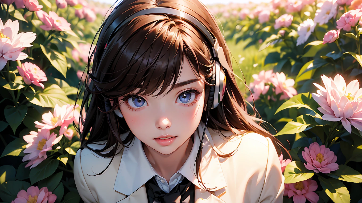 masterpiece、high resolution 8k、NSFW、sharp focus、contrast lighting、fine skin、muste piece、 highest quality、Ultra - High resolution、Super high resolution、Highly detailed CG、A young girl , wearing headphones, is standing among a field of pink flowers. The headphones have a black band and red accents. The girl's hair is swept back by the wind, and she is looking off to the side, away from the camera、beautiful eyes、(Detailed face and iace:1 2)、narrow eyes、almond eye、Black pupil、eye gradation eye highlight:1.2)、(light reddish brown hair、middle、asymmetrical bangs)、(ID card、Blazer for office wear shortage、white cutter shirt、black pencil skirt、pumps)、(plump lips、gross、glossy lips、small breast size) 、(oval face : 1.4)、(thin fingers、fine arms、detailed human hand)、laughter half open、teeth visible