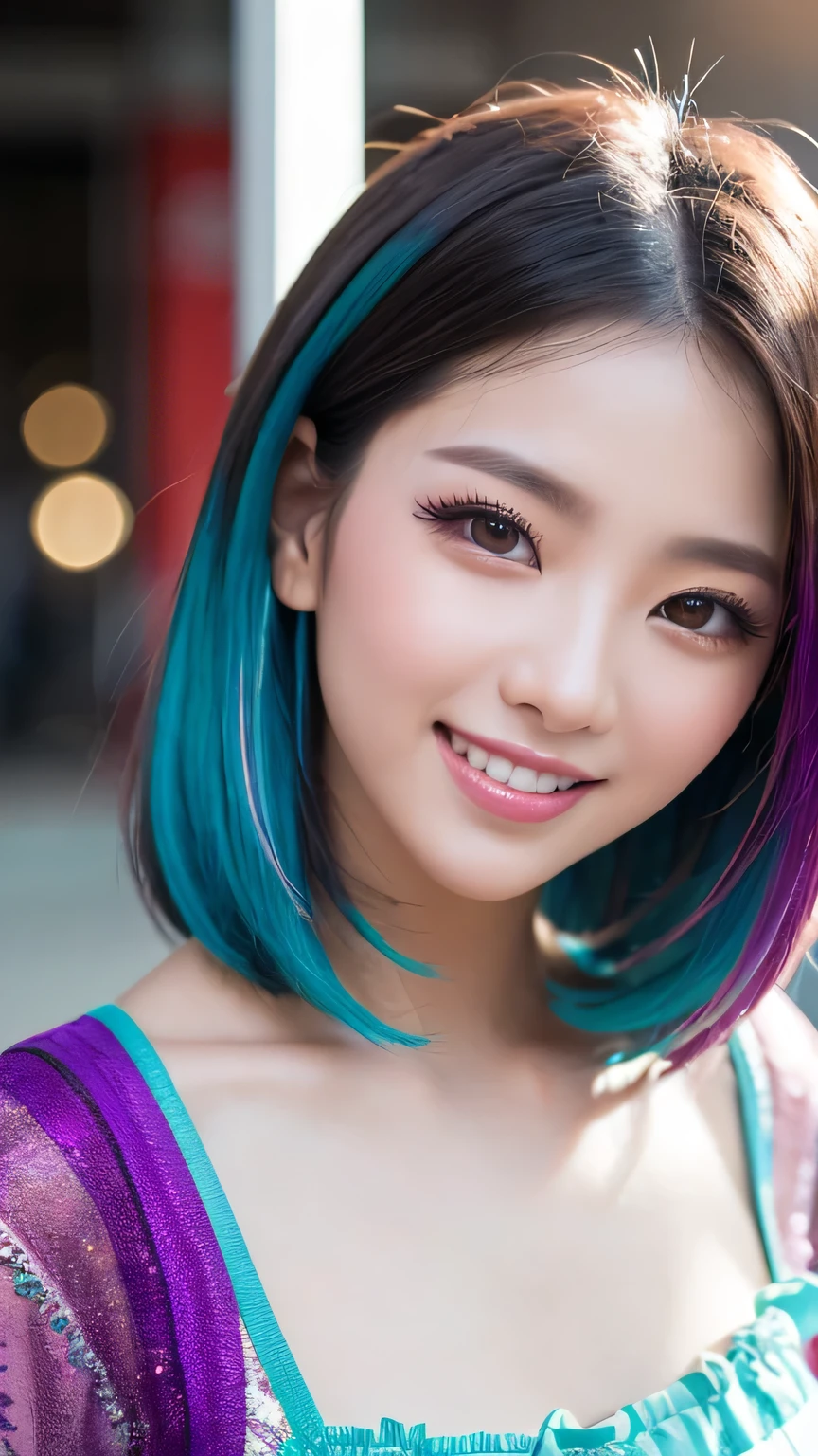 high quality, High resolution, masterpiece, completion, detailed.impressive, Cutting-edge female photography portraits, Showcasing a bold and daring street art style. Look forward、A kind smile、Soft impression, cyan, Purple and, Her vibrant makeup really catches the eye.. Her colorful hair is tied up high, Harmonious blue and pink shades. The background features a mesmerizing gradient of fluorescent chrome yellow, purple and, Blends seamlessly with the dynamic colors of your subject. An unforgettable image