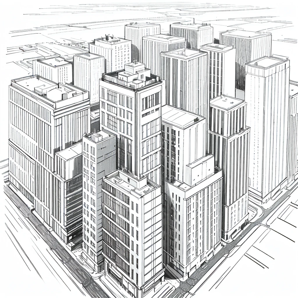 black and white line art of multiple norwegian city blocks with roads and wide sidewalk, short buildings, minimal detail, cartoon style, asymetrical, birdseye view