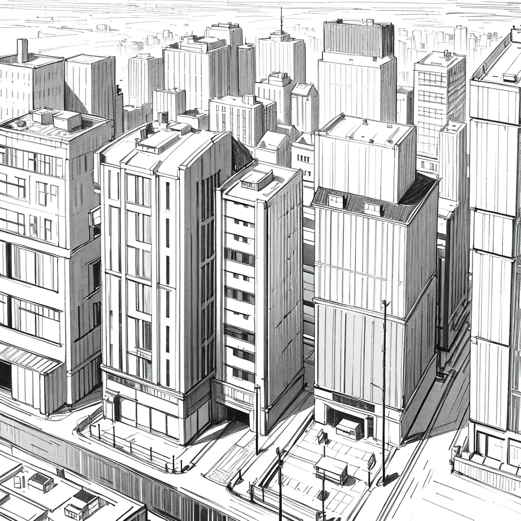 black and white line art of multiple norwegian city blocks with roads and wide sidewalk, short buildings, minimal detail, cartoon style, asymetrical, birdseye view