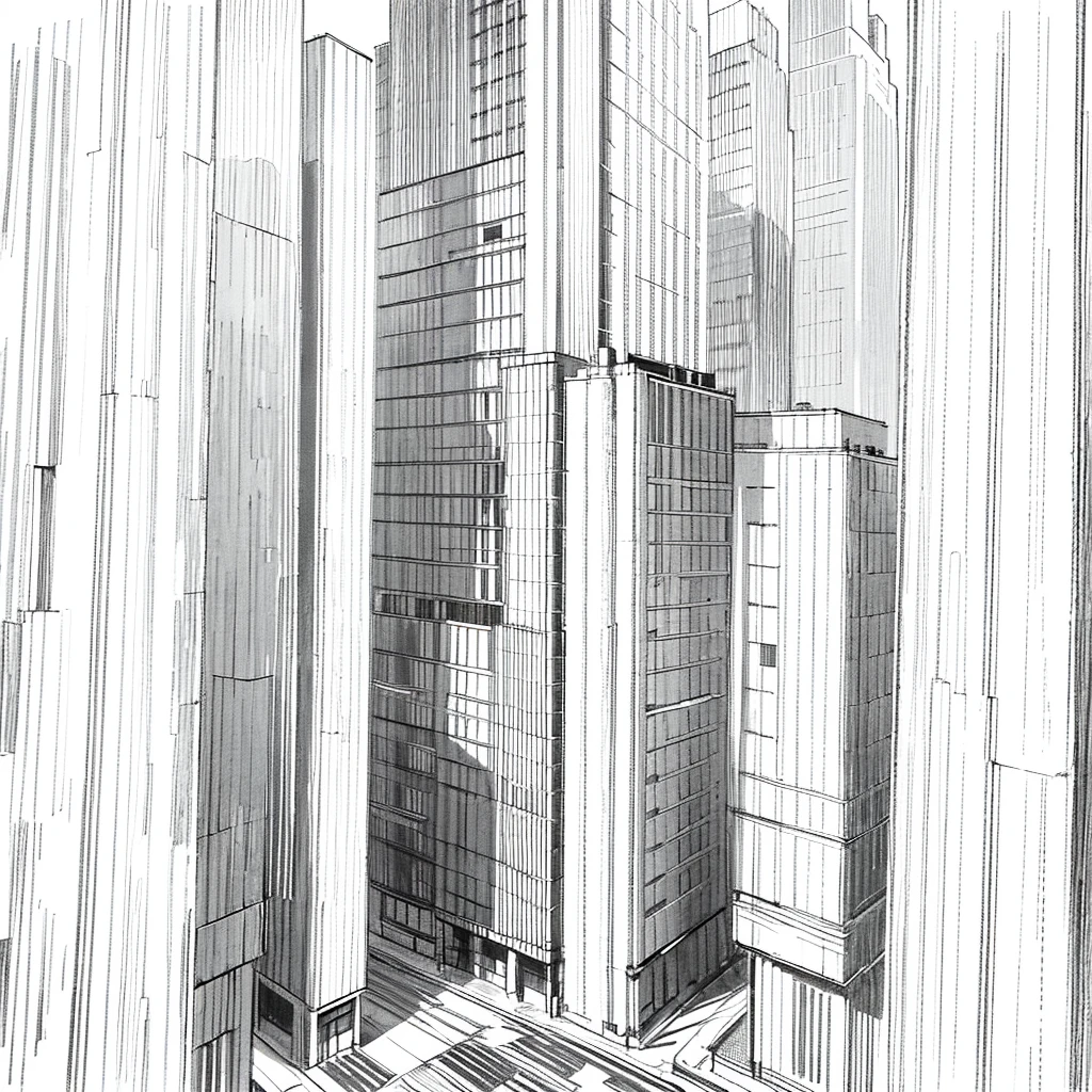 black and white line art of multiple norwegian city blocks with roads and wide sidewalk, short buildings, minimal detail, cartoon style, asymetrical, birdseye view