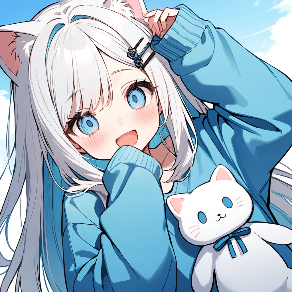 long hair, White hair, sky blue inner hair, open mouth, smile, flustered, Illustration where the pupil does not overlap the lower lash line, The lower half of the eye is white, vacant eyes, sky blue eyes, oversized clothes, sleeves past wrists, , sky blue cardigan, sky blue ribbon, piercing, stuffed animal, White background, 1girl, cat ear,solo, hairpin,Take a picture herself