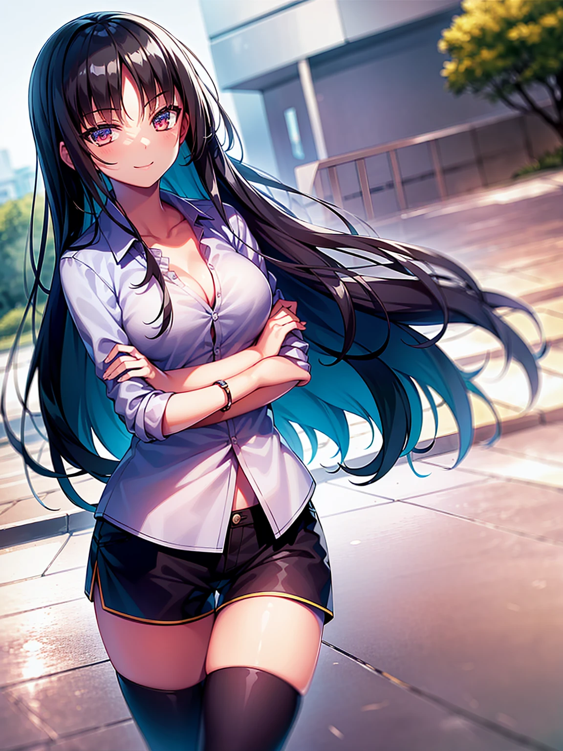 (8K, Highest quality, Highest quality, masterpiece), standing, 1girl, fullbody, solo, cowboy shot, aasuzune, long hair, black hair, hair loose in the wind, leafs in the air, (summer sky), casual shirt, mini top, black thighhighs, smile, Shorts, outdoors, large breasts, cleavage