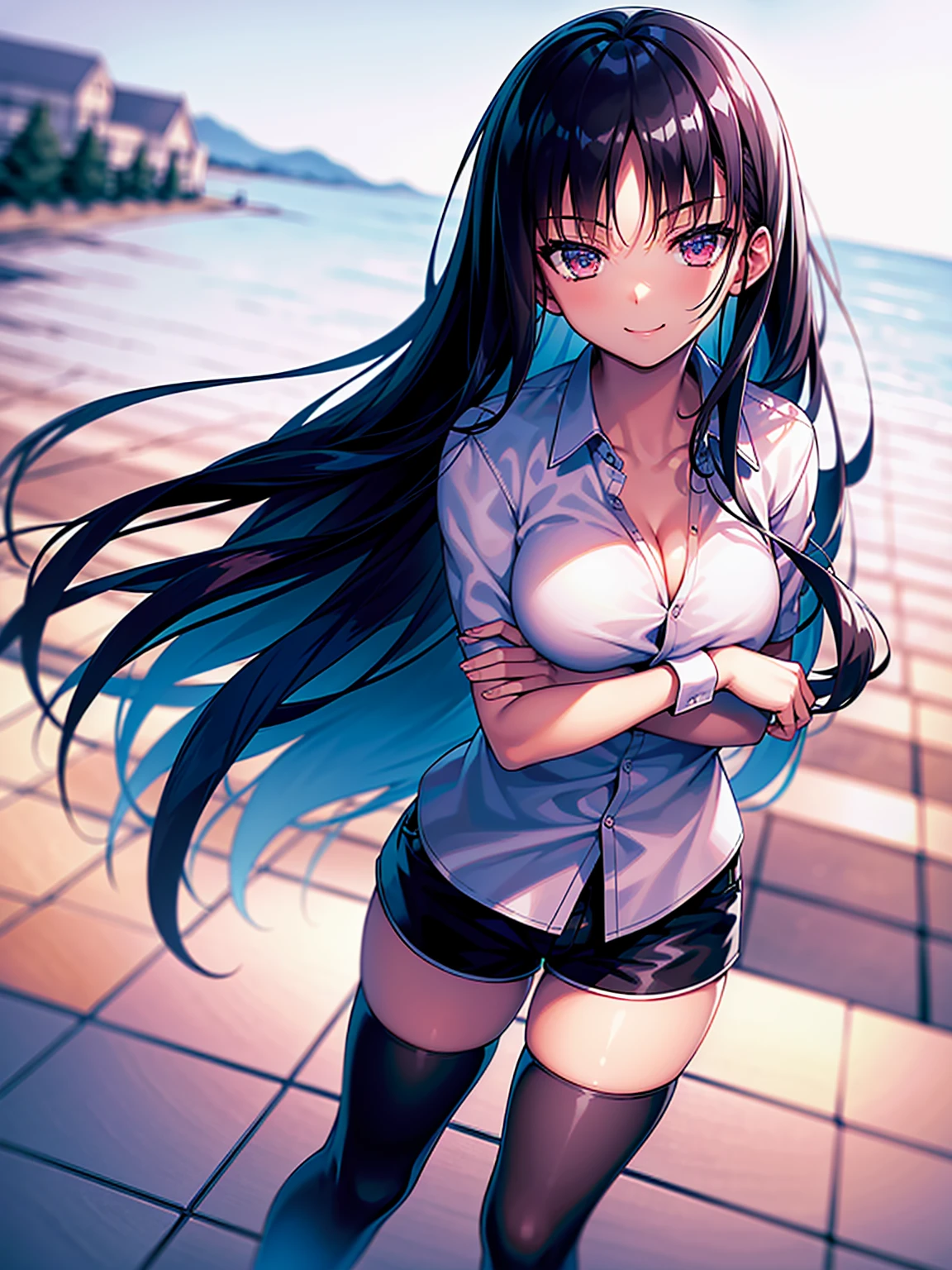 (8K, Highest quality, Highest quality, masterpiece), standing, 1girl, fullbody, solo, cowboy shot, aasuzune, long hair, black hair, hair loose in the wind, leafs in the air, (summer sky), casual shirt, mini top, black thighhighs, smile, Shorts, outdoors, large breasts, cleavage