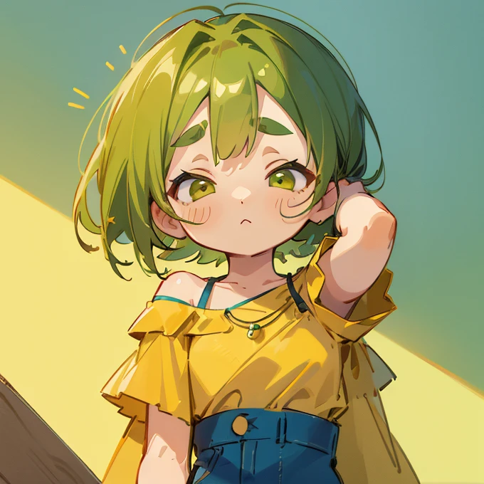 (masterpiece, Highest quality:1.2), (2 head body chibi character:1.1), Yellow-green hair, Chignon Hair, Top of the head, Yellow-green eyes, Yellow off-shoulder blouse, Denim shorts, Short bangs, Thick eyebrows, Round necklace, A gentle atmosphere, Sleepy face, Rubbing eyes, View your viewers, (Photo studio with blue background:1.0)