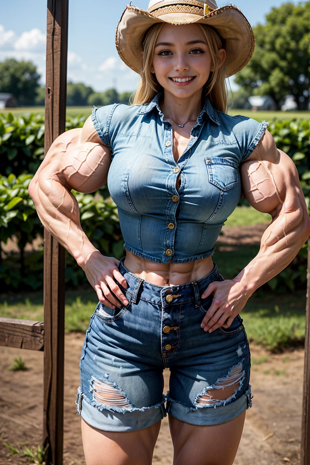 (Muscular:1.7), (large round breasts:1.4), (large muscular chest and shoulders:1.1), (tween girl:2.1), FEMALE, blonde hair, long blonde hair, (big smile:1.6), (wearing a tight button up shirt and jean shorts and cowgirl hat:1.6), looking at viewer, (three quarter view:1.2), upper body view, (farm:1.6), dark lighting, detailed skin, detailed eyes, (clean skin:1.5), (tiny waist:1.5), exaggerated hourglass physique, (huge body muscles:1.6), (one protagonist:1.5), (tall:1.9),