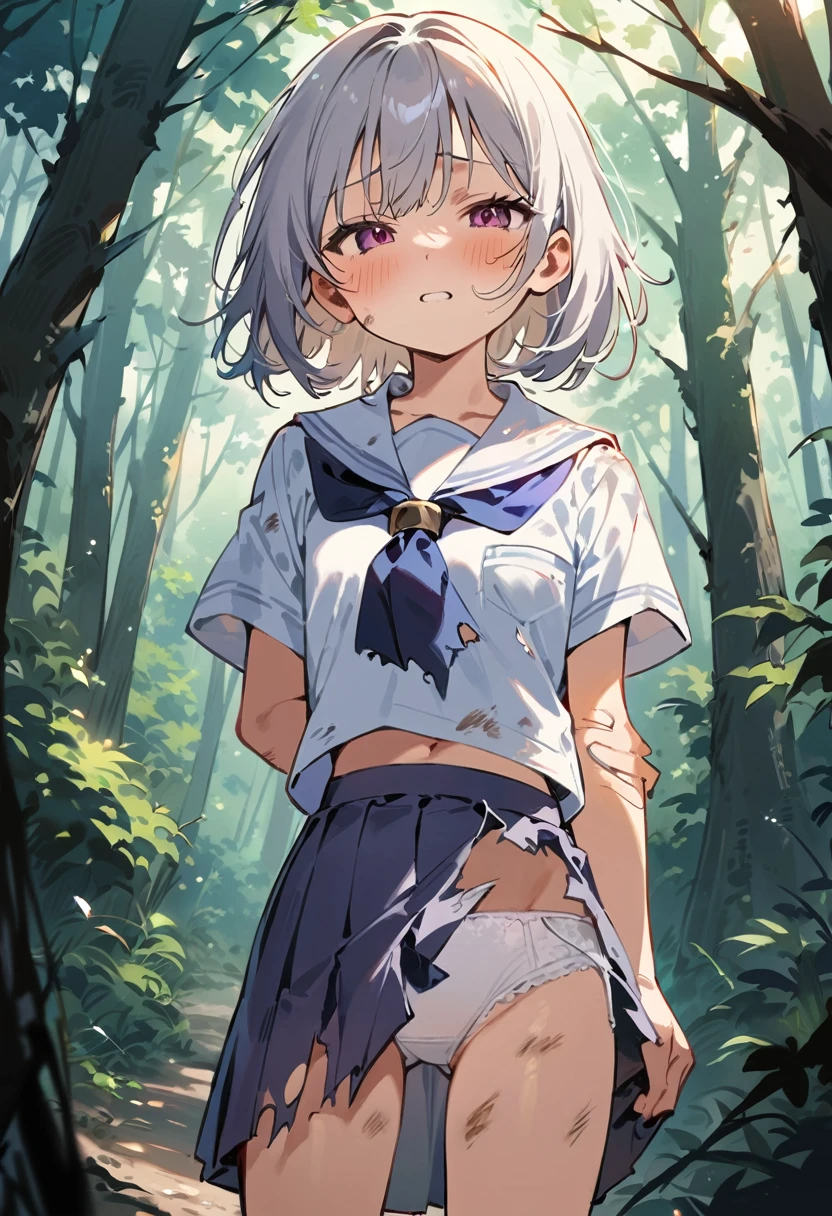 beautiful detailed girl,(masterpiece,best quality,extremely detailed:1.2),((cowboy shot:1.1)),(solo,,kawaii,slender,small breasts:1.25),(pained look:0.8),((white underwear) in ((Torn school uniform)):2),(dirty:2),blush,shy,weep,standing,(deep forest:1.5),(hug:0.4),rating: general, newest,Sexy face