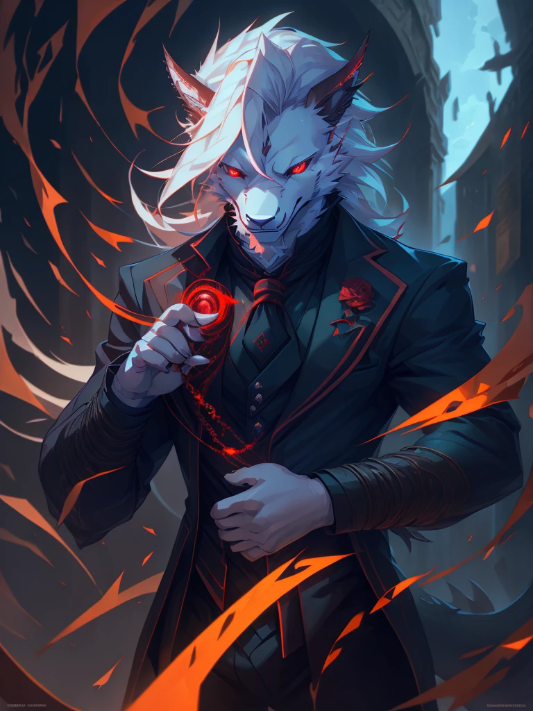 male, furry, Dragon anthro, solo, white fur, Red eyes, (Realistic eye details 1.2), business suit wear, V0id3nergy, abs, Masterpiece, dramatic lighting, soft lighting, day, highly detail, Hair coiled