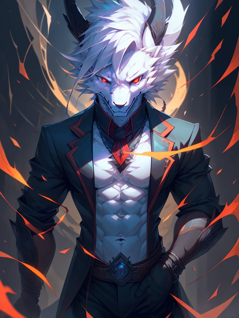 male, furry, Dragon anthro, solo, white fur, Red eyes, (Realistic eye details 1.2), business suit wear, V0id3nergy, abs, Masterpiece, dramatic lighting, soft lighting, day, highly detail, Hair coiled