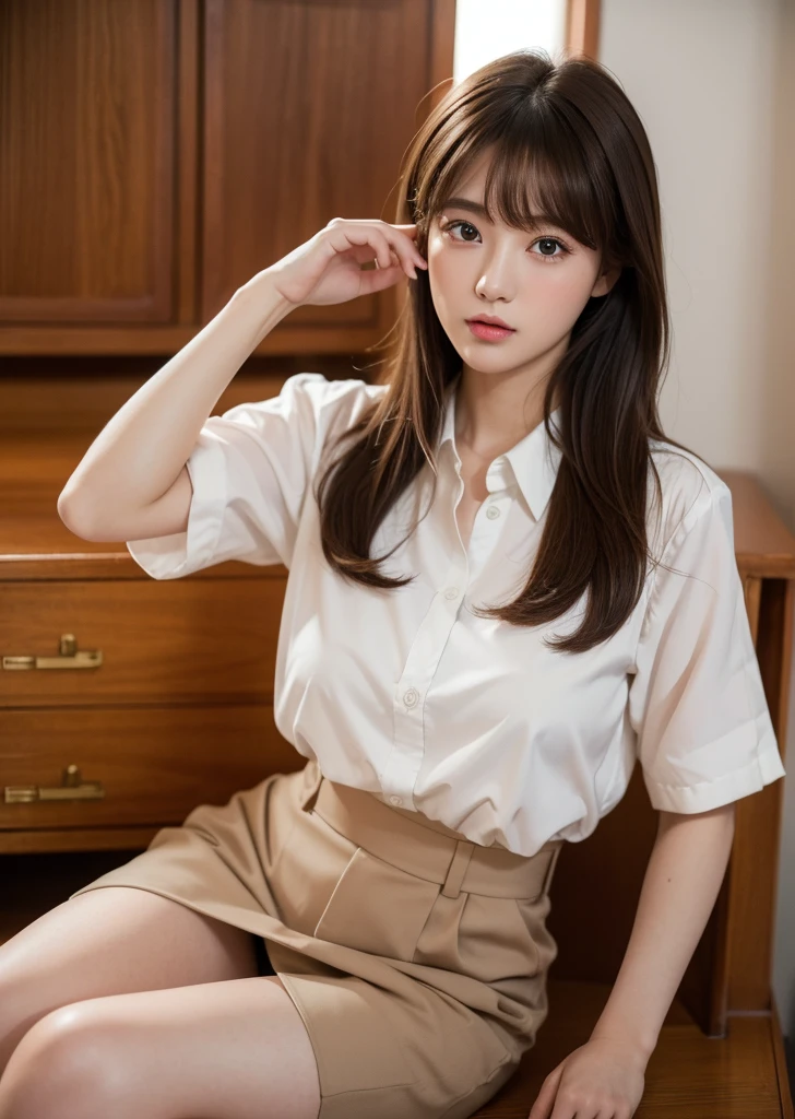 (Realisticな, photo-Realisticな:1.37),(8K, RAW Photos, 最high quality, masterpiece:1.2), Ultra-detailed, 超High resolution, Kodak Vision Color, Filmed with an Arricam LT camera,最high quality, Lively, 8K, High resolution, 1 female, Japanese、Escape, (Professional Lighting), (Portraiture:0.6), Has bangs、Brown Hair, (Medium Hair),23 years old、(masterpiece), (Very complicated:1.3), (Realistic),high quality,High resolution,16K,Sharp Lines,One girl,office、Company uniform、I'm working、office街、With documents、Inside the company、desk、officeチェアに座って、