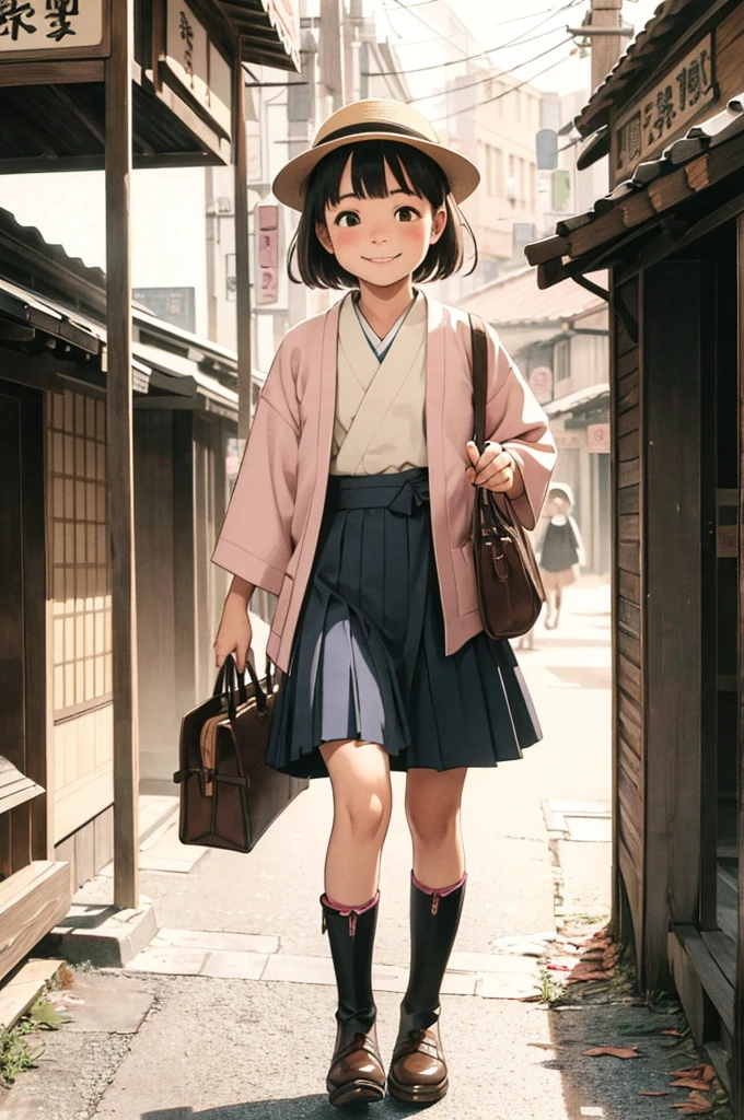 sepia flat color,(Masterpiece, BestQuality), (Portrait of girl walking in the town),cute,detailed face,tween,student girl of the Taisho era,1920s japan,Taisho era pink kimono, darkblue pleated skirt,happily smile,brown boots,depth of field,