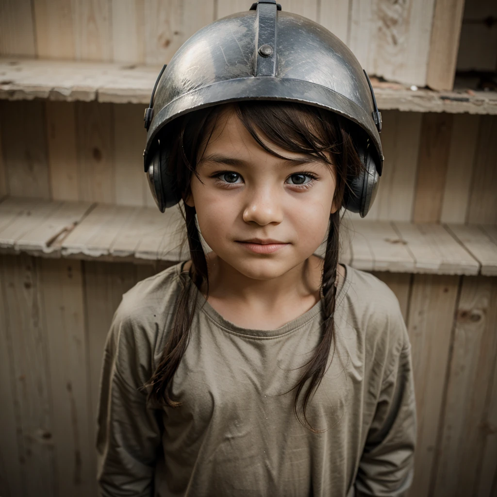 draw me a picture of a 7 year old wearing a war helmet