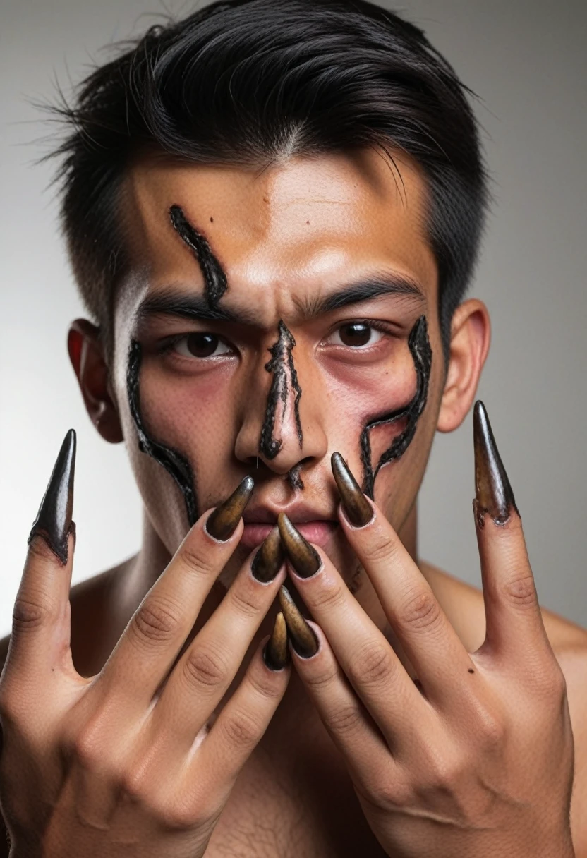 naughty man, 20 years old, left half of the face burned, middle fingers with large, curved nails.