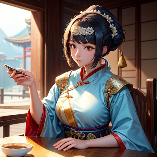 Close-up of a woman sitting at a table drinking coffee, palace ， Girl in Hanfu, A young woman like Genghis Khan, Beautiful oriental woman, Chinese women, Chinese Girl, Chinese Princess, an Asian woman, a young Asian woman, ancient Chinese Princess, Asian woman, Wearing Ancient Chinese Clothing, Traditional beauty, young asian girl
