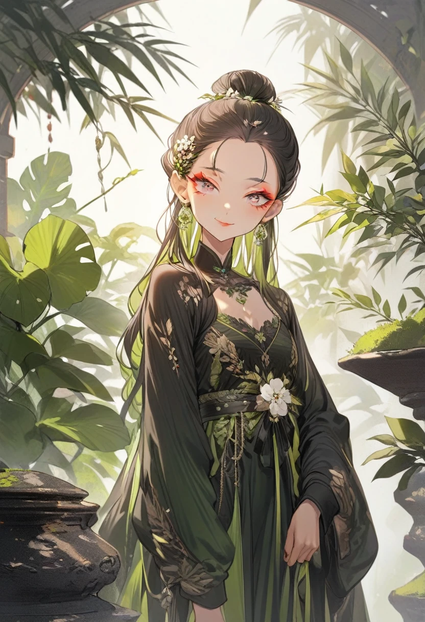 ( best quality:1.2), 1 Girl, forehead,Solitary, Skin details, Beautiful facial features, fluffy hair,makeup,  Eye details, smile,black dress,long sleeves,plant,((complex background))