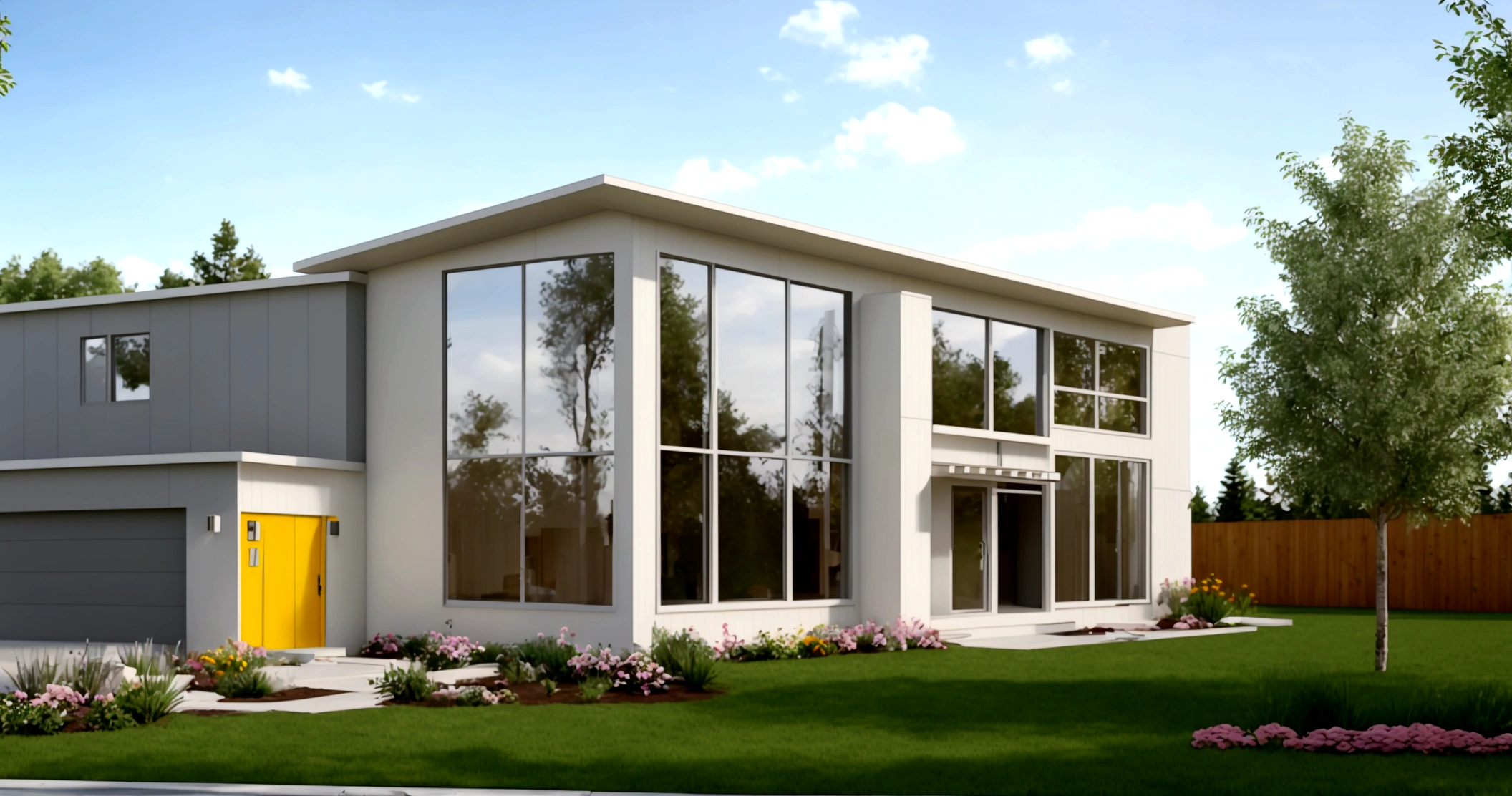 Exterior scene of a modern single-story house by the roadside, with pale yellow walls, glass windows and doors, simple yet elegant interior, surrounded by flowers and trees, blending harmoniously with nature, fresh air, natural light, hyper-realistic, high-quality image. --v 5 --ar 16:9 --s 1000, 8K