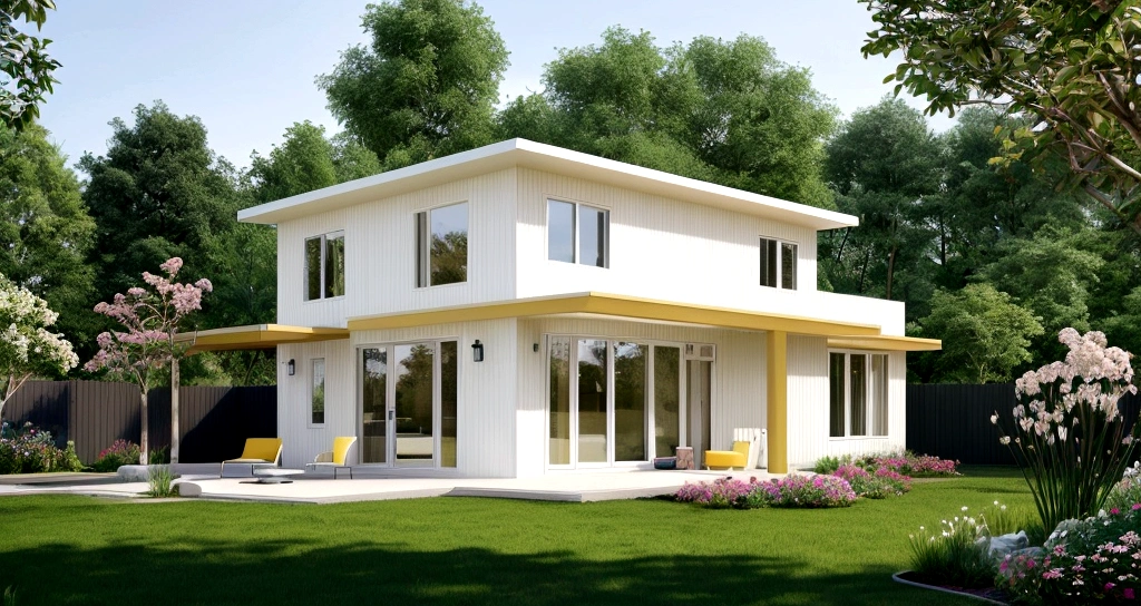 Exterior scene of a modern single-story house by the roadside, with pale yellow walls, glass windows and doors, simple yet elegant interior, surrounded by flowers and trees, blending harmoniously with nature, fresh air, natural light, hyper-realistic, high-quality image. --v 5 --ar 16:9 --s 1000, 8K