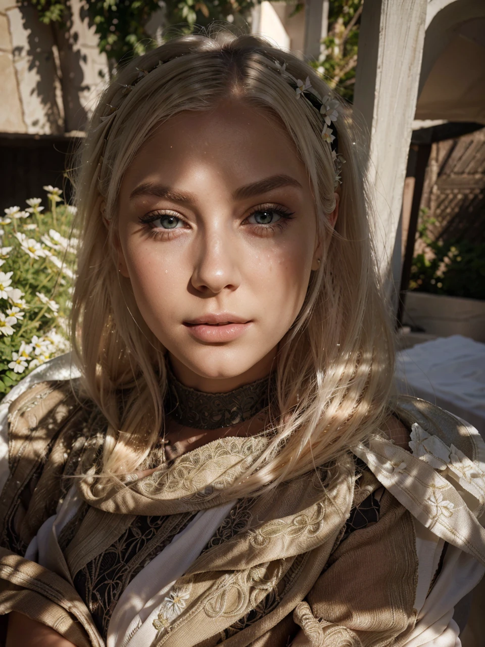 a young woman with platinum blonde hair,detailed facial features,beautiful eyes,long eyelashes,full lips,flawless skin,elegant pose,white dress,flowers in the hair,outdoor garden setting,natural lighting,warm color tones,lush greenery,high quality detailed portrait,photorealistic,intricate details,cinematic lighting,award winning photography