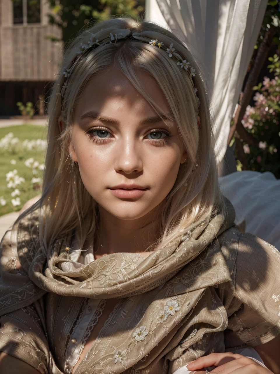 a young woman with platinum blonde hair,detailed facial features,beautiful eyes,long eyelashes,full lips,flawless skin,elegant pose,white dress,flowers in the hair,outdoor garden setting,natural lighting,warm color tones,lush greenery,high quality detailed portrait,photorealistic,intricate details,cinematic lighting,award winning photography