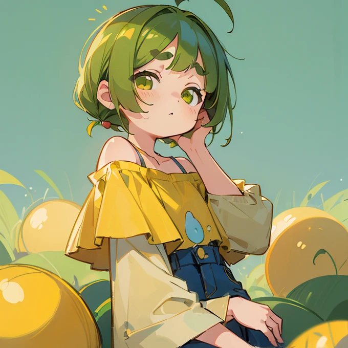 (masterpiece, Highest quality:1.2), (2 head body chibi character:1.1), Yellow-green hair, Chignon Hair, Top of the head, Yellow-green eyes, Yellow off-shoulder blouse, Denim shorts, Short bangs, Thick eyebrows, Round necklace, A gentle atmosphere, Sleepy face, Rubbing eyes, View your viewers, (Photo studio with blue background:1.0)