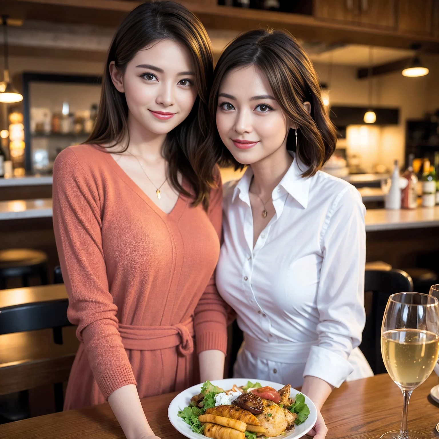 ((Highest quality、8K、masterpiece:1.3))、slimカップル、modelカップル、(Realistic, Intricate details:1.2), full-course dinner、Wine Party、Amazing view of the sunset sky and clouds、A bright smile、The wonderfulness of smile、Bright image、The beauty of wine, Beautiful Face, blue eyes, The light shines on your face, Blushing, short hair,Bright Face、 (Age 37), 39 years old, red wine 、Appetizers、Italian food、Wine bottle、Champagne、sparkling wine、Two beauties、Brown Hair、Shortcuts、Long sleeve shirt、dress、Beautiful woman 1, (slimな顔), (The body is slim), (Brown Hair), (Shortcuts), cheeks turn a little red,Attractive beauty、restaurant, In a prominent place (From the waist up) Nova Frog Style, actress, model, Upper Body, White wine, slim, wine glass, 中央に置かれたwine glass, smile, (smile: 1.15), Beautiful fine grain, Depth f/2,saturation, High Contrast, Strong light and shadow,Moist Body:1.5、3D texture、Delicate eyes、Brown Hair、The hair is very shiny、