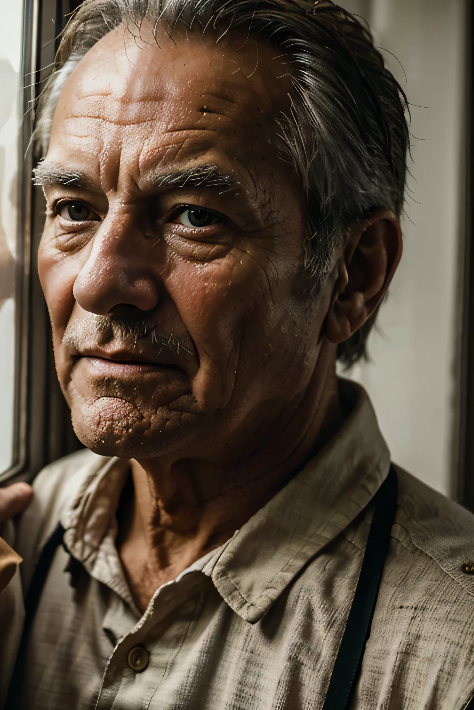 experienced old man Best quality, Cinematic photo , Natural light from the window, A high resolution, photo, movie, A high resolution