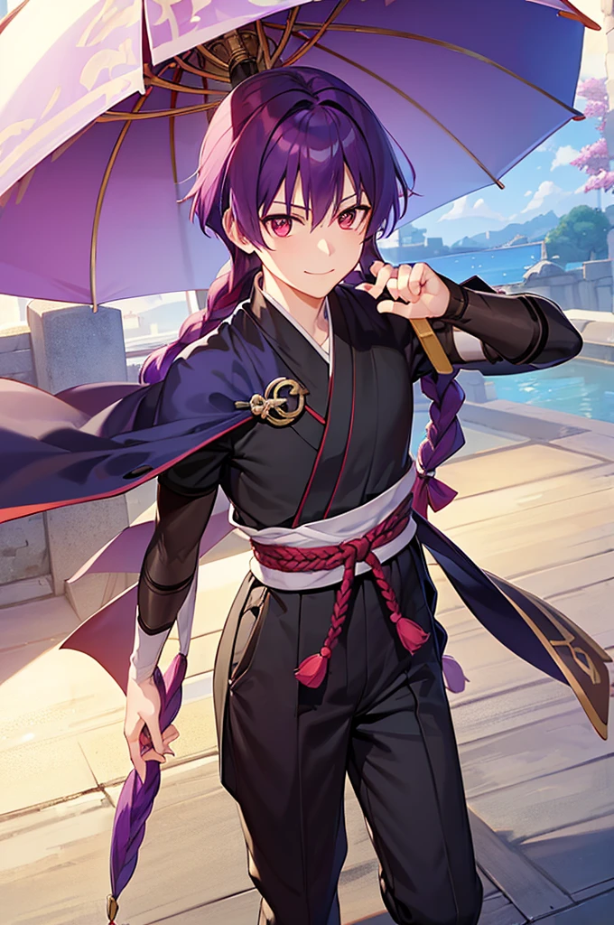 (((Purple Hair、Dye the inside of your hair red、Long Hair、Knot、Braid、Bright red eyes)))A man wearing a black robe、Smiling young man、Man standing facing forward、(((Closed)Japanese Umbrella、赤いJapanese Umbrella)Boy standing with a)(傘はClosed)、(White background)、{{masterpiece}}, The best quality of life、(Gintama、divinity、arms)