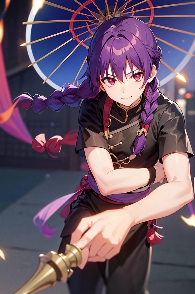(((Purple Hair、Dye the inside of your hair red、Long Hair、Knot、Braid、Bright red eyes)))A man wearing a black robe、Smiling young man、Man standing facing forward、（（（Closed）Japanese Umbrella、赤いJapanese Umbrella）Boy standing with a）（傘はClosed）、（White background）、{{masterpiece}}, The best quality of life、（Gintama、divinity、arms）