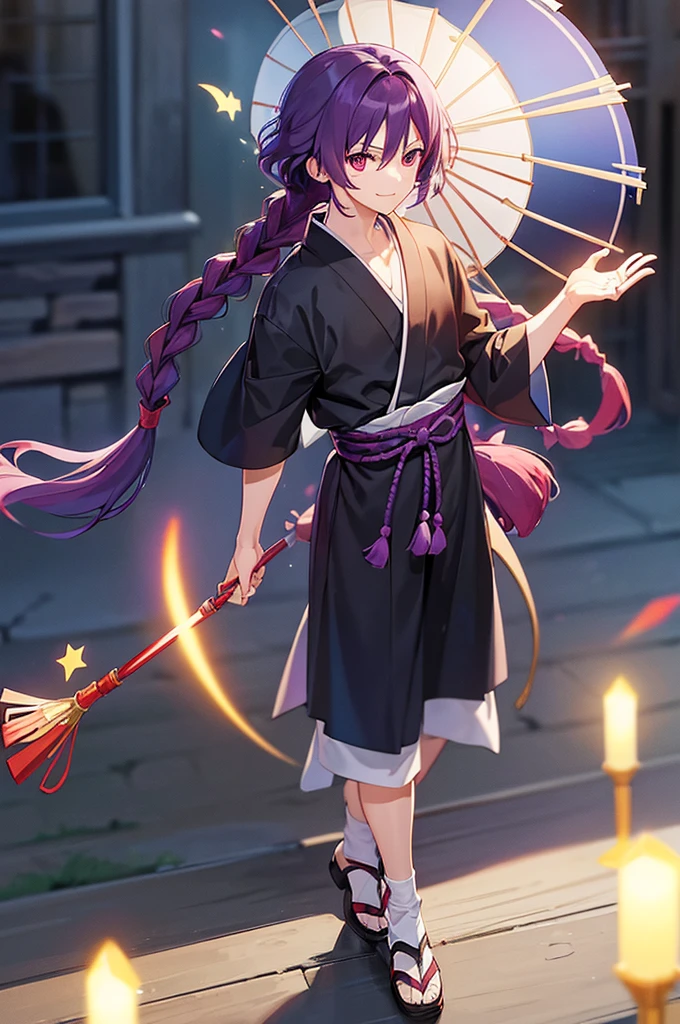 (((Purple Hair、Dye the inside of your hair red、Long Hair、Knot、Braid、Bright red eyes)))A man wearing a black robe、Smiling young man、Man standing facing forward、(((Closed)Japanese Umbrella、赤いJapanese Umbrella)Boy standing with a)(傘はClosed)、(White background)、{{masterpiece}}, The best quality of life、(Gintama、divinity、arms)